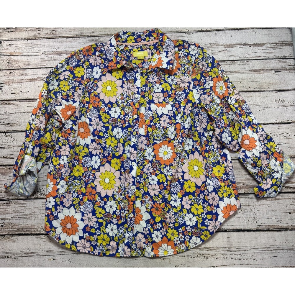 Maeve Anthropologie Cotton Floral Retro Button Down Blouse Womens 1X Shirt Boho